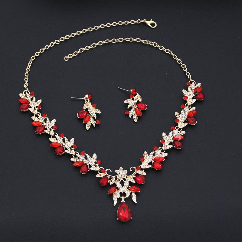 Exquisite 2 Pcs Set Flower Pink AB Crystal Bridal Wedding Jewelry Sets for Women Dangle Earrings and Necklace Sets Blue Green