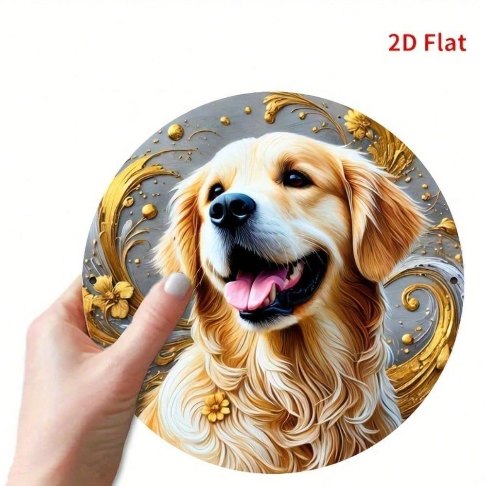 Golden Retriever Floral Metal Wall Art Decor, 2D Flat Iron Dog Sign, Waterproof Durable