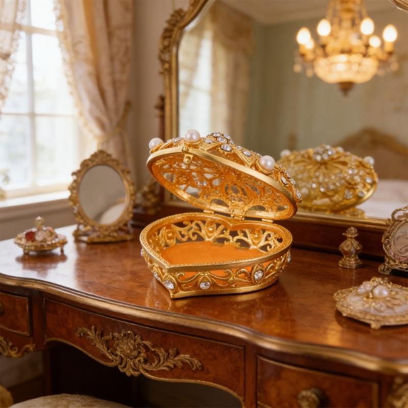 Romance Heart Shaped Metal Jewelry Storage Box Decorated With Diamonds And Pearls
