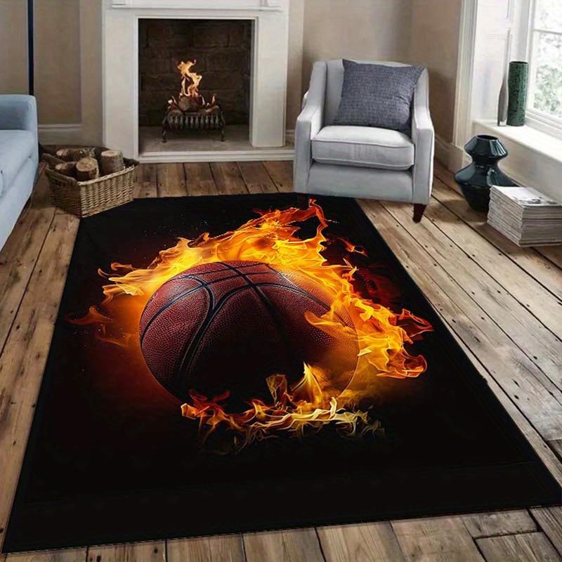 Flaming Basketball Rug Sports Fan Gift Ideas Game Room Accessories  Anti Slip Carpet Can Be Machine Washed