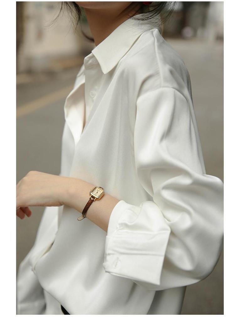 Women's Retro Hong Kong-Style White Satin Drape Shirt - Loose-Fit Korean Design