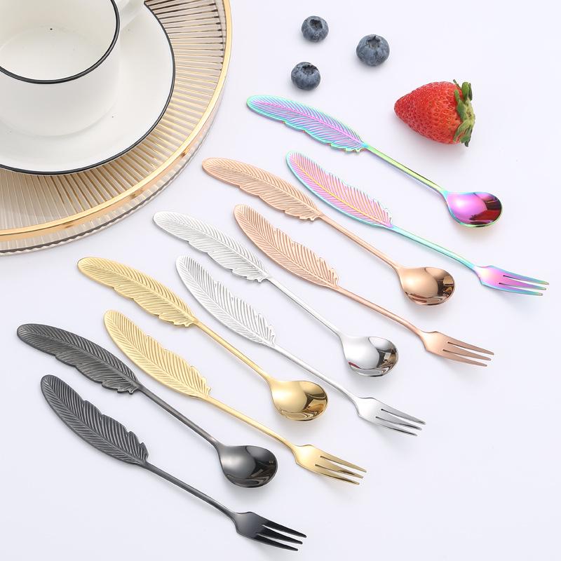 304 Stainless Steel Feather Spoon & Fork Set: Creative Wing Design for Kids, Coffee, and Parties