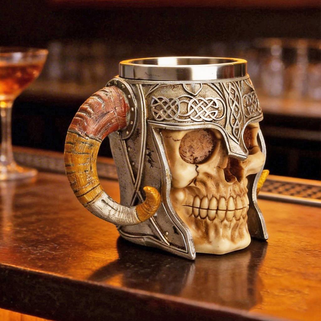 Vintage Skull Knight Croissant Cup Stainless Steel Liner Resin Mug Office Home Ornament