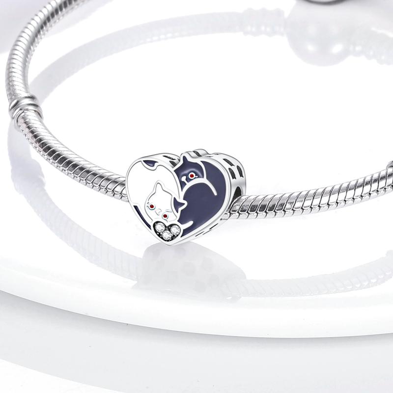 Original Charms Copper Black And White Cat Heart Pendants Fit Charms Plata Bracelets For Women Jewelry Making Fine Gifts
