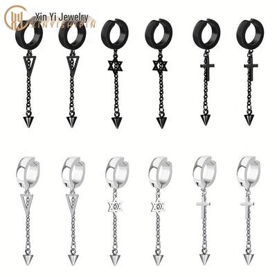 Men's Cross Explosion Stainless Steel Triangle Ear Clip with Hexagram & Chain Cone