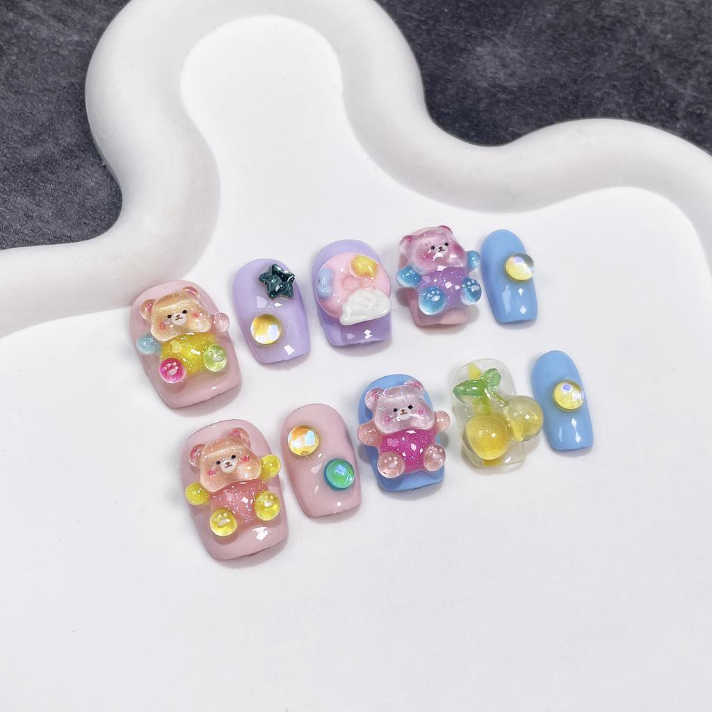 10Pcs Short Bear Design Handmade False Nails for Adults and Kids
