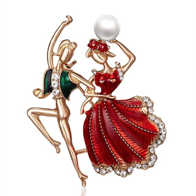 Europe and America Cross Border Fashion Character Brooch Creative Dancing Girl Pearl Rhinestone Painting Oil Brooch Easiest for Match JN Accessories