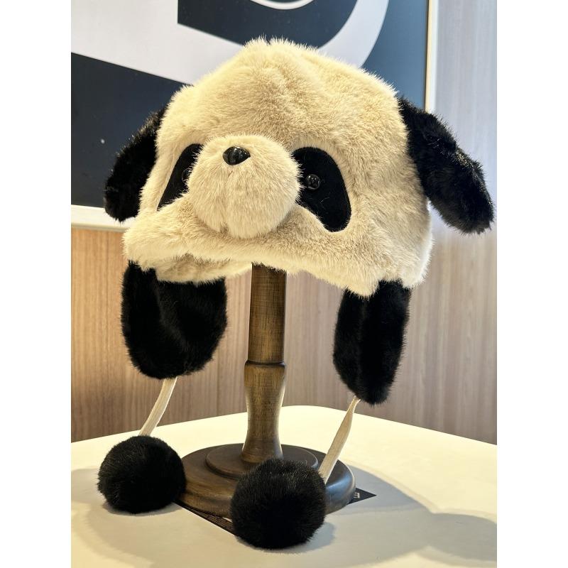 Cute three-dimensional panda furry children autumn and winter cartoon warm windproof face small ear hat male cute