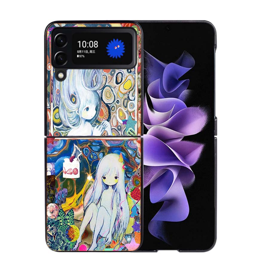 K-KikuoS Art Cute Phone Case For Samsung Z Flip 7 6 5G Galaxy Z Flip4 Z Flip5 Z Flip3 Coque Black Hard PC Shell Protective Cover
