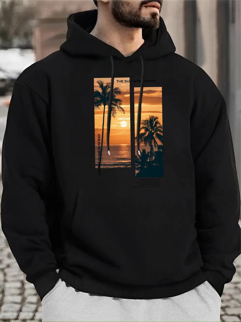 Casual Hoodie with Vacation Print - Cozy Drawstring Pullover