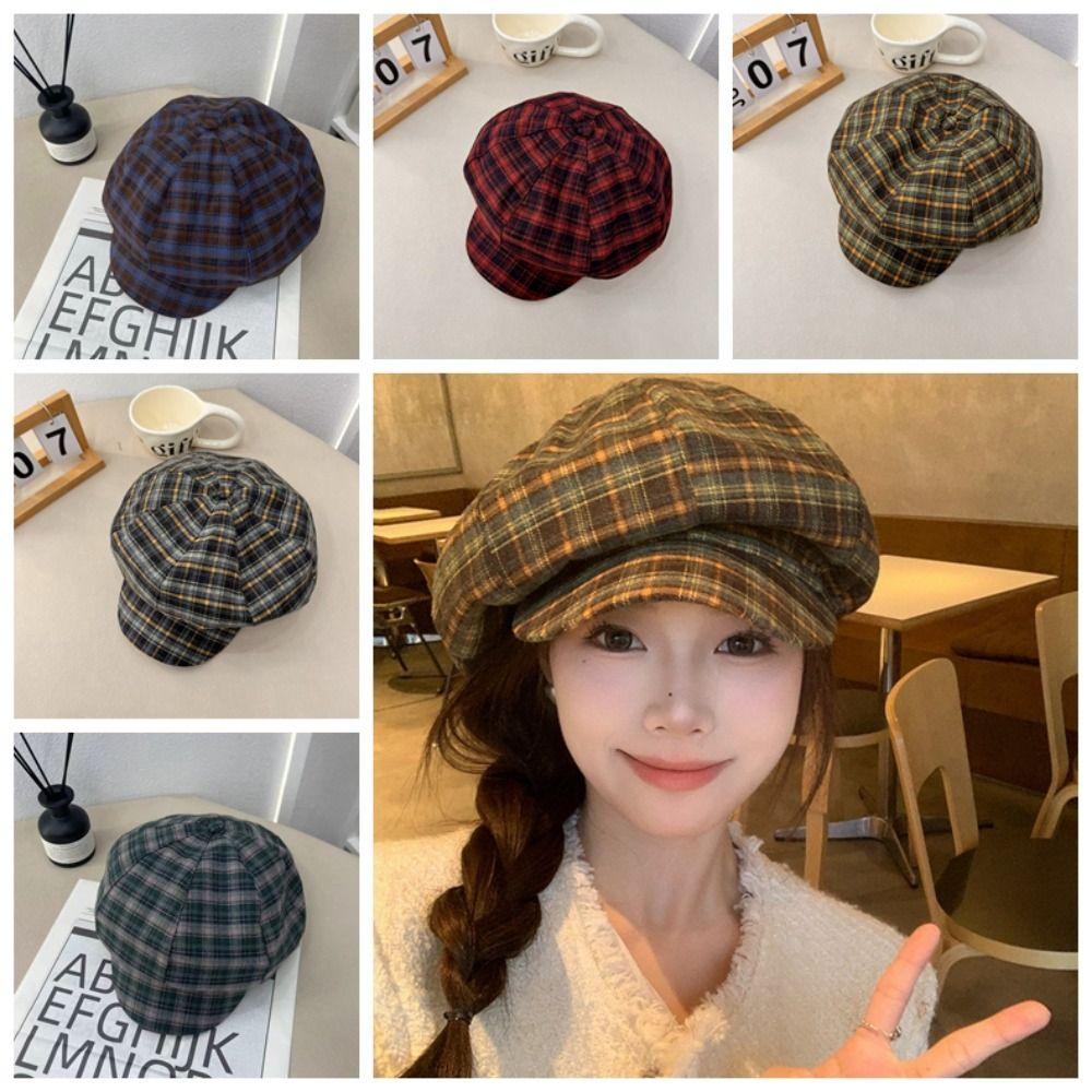 Cotton Grid Beret Cap Thin Women Octagonal Hat Vintage Plaid Cloud Cap  Girls