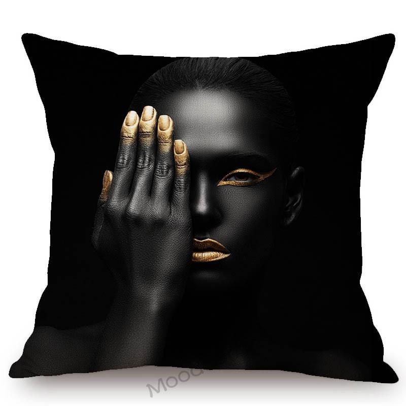 Black Gold African Lady Girl Style Modern Fashion Living Room Luxury Looking Decoration Art Sofa Pillow Case Linen Cushion Cover