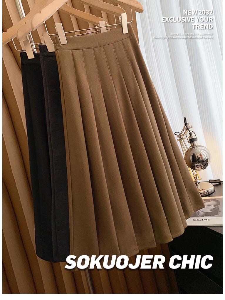 Women's High-Waisted Wool Blend Midi Skirt: Thick Pleated, Slimming Korean Style for Autumn & Winter