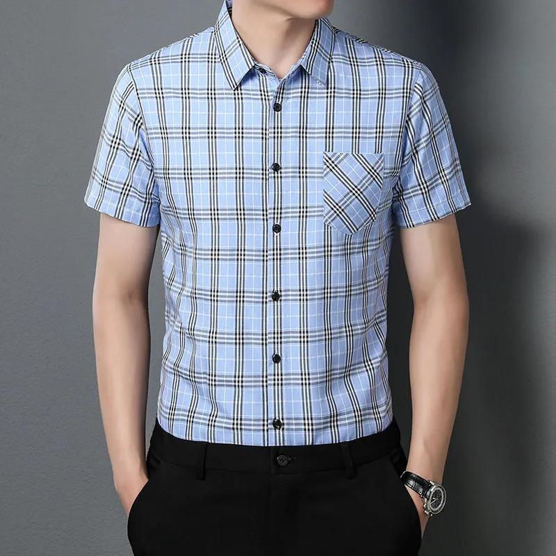 New Summer Men's Short-sleeved Shirt Plaid Slim Pocket Casual Top No-iron Anti-wrinkle