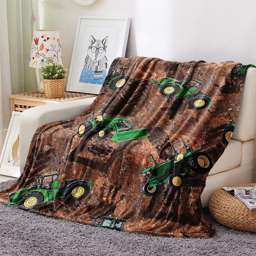 1Pc John Green Tractor Print Flannel Blanket, High Quality Comfortable for All Seasons, Home Decor, Warmth and Comfort, Perfect for Christmas Gifts