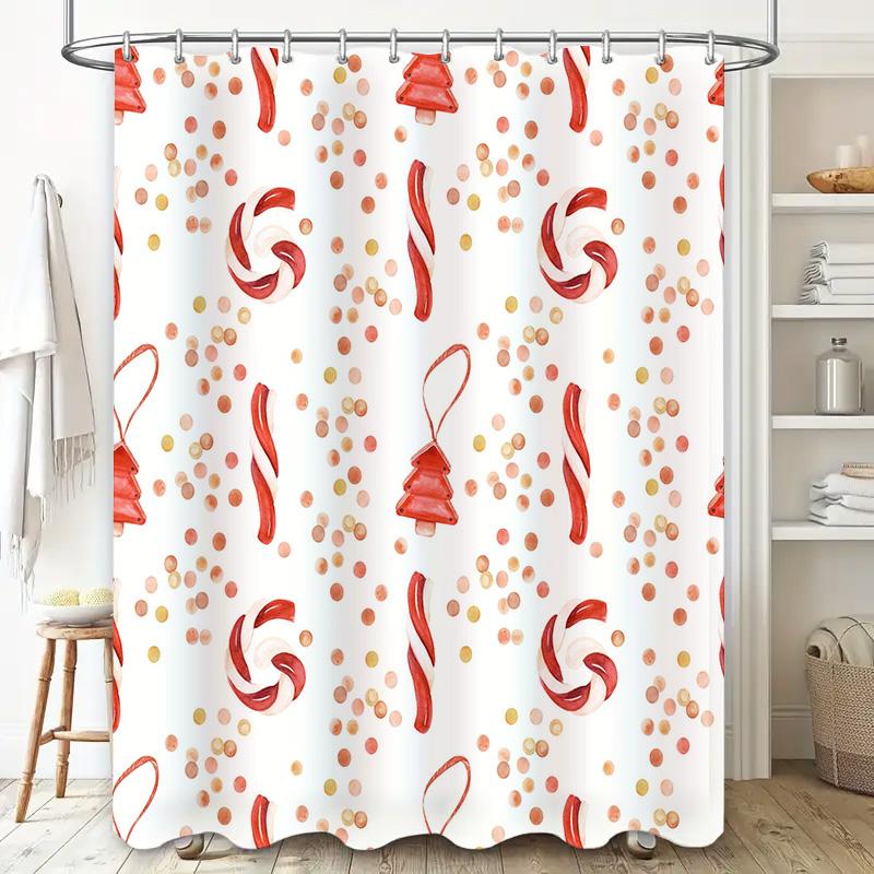 Christmas Shower Curtain Bathroom Decor Red White Candy Cane Floral Pattern Waterproof Polyester Fabric Home Accessories Bl