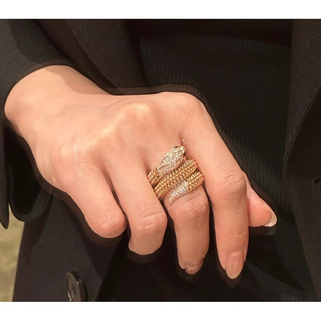 Diamond Studded Snake Ring with Scales and Dense Diamond Inlay 18k White Floral Ring Open In One Size