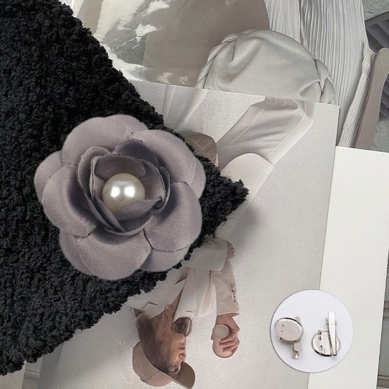 1Pcs French Leather Lapel Pin Corsage Bow Tie Accessory Black And White Plaid Bow Camellia Flower Pearl Tassel Brooch For Women