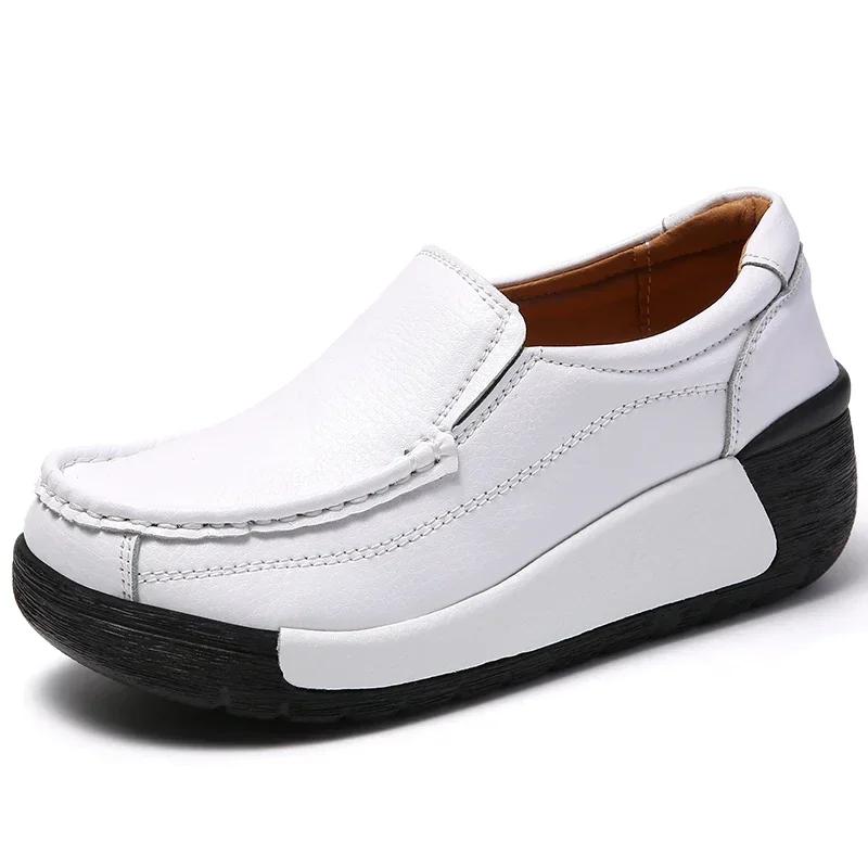 Spring Genuine Leather Casual Shoes Women Lightweight Thick Bottom Wedges Shoes Ladies Non-Slip Height-Increasing Flatform Shoes