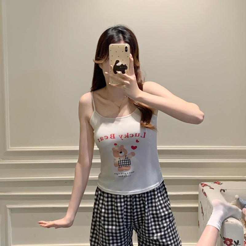 Women's Cartoon Camisole Tank Top Pajamas Set with Chest Pads - Summer Home Wear for Girls with Shorts