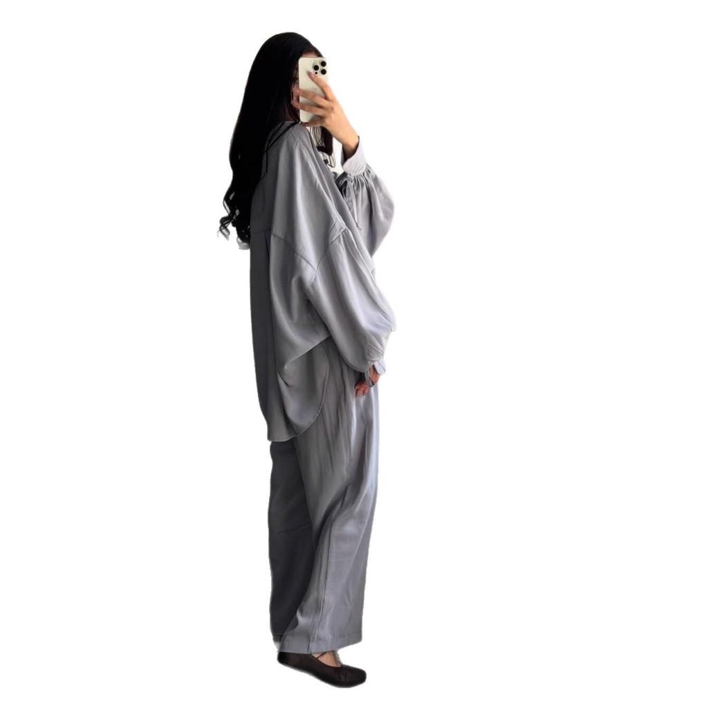 2025 Herbst Damen Übergröße Hemd mit Puffärmeln & Weite Hosen Zweiteiliges Set