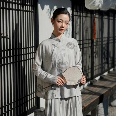 Women Vintage Stand Shirts Tops Long Sleeve Button Print Floral Blouses Spring Loose Casual Soft Shirts