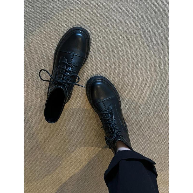 British Style Black Martin Boots Women's Round Head Thick Heel Thin Boots Thick-soled Strap Thin Short Boots