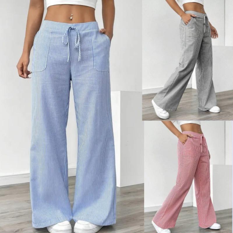Women Striped Drawstring Wide Leg Casual Summer Pants