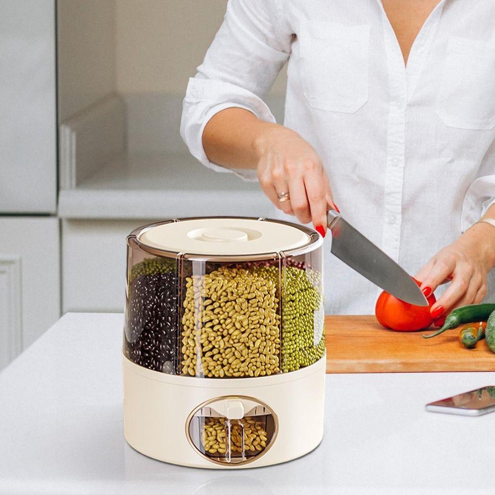 Rotatable Dividers Rice Dispenser One-Click Output Rotating Rice Bucket  Kitchen Storage