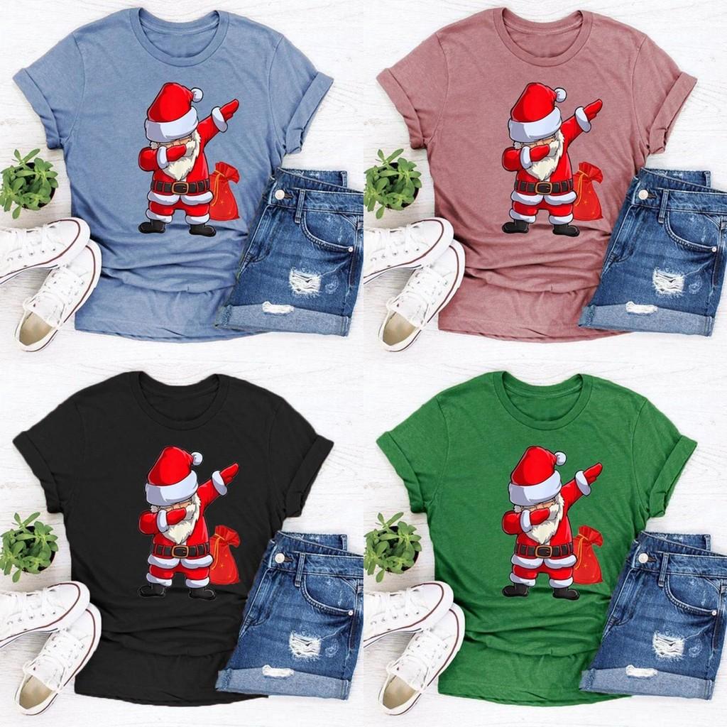 Women Santa Claus Dabbing Print T-shirt Soft Comfortable Christmas Short Sleeve Tee