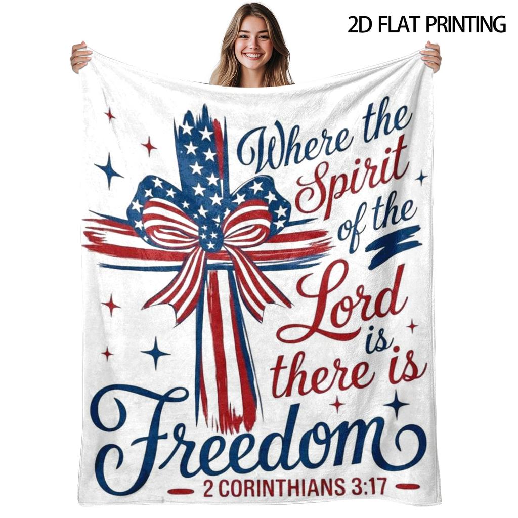 Christian Freedom Patriotic American Flag Cross Flannel Blanket, Soft Camping Nap Throw for Living Room Bedroom Outdoor Picnics