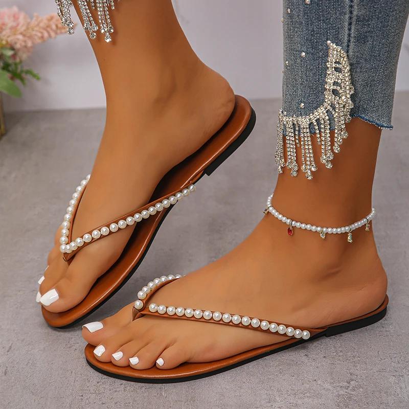 Fashion Fashion Pearls Beach Flip Flops for Women 2025 Summer Clip Toe Flat Slides Sandals Woman Comfortable Non Slip Outdoor Slippers
