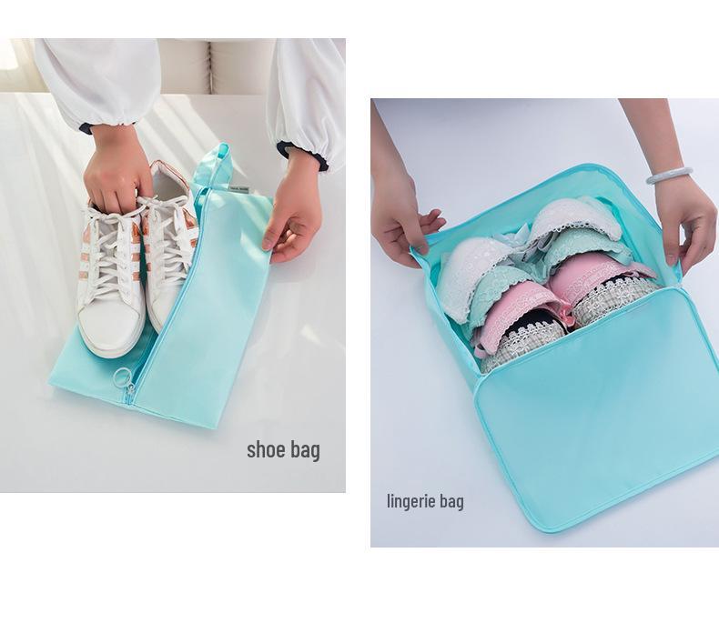 Travel Storage Set: Foldable Toiletry, Makeup, Clothes, Shoes, Digital Accessories, and Drawstring Luggage Bags.