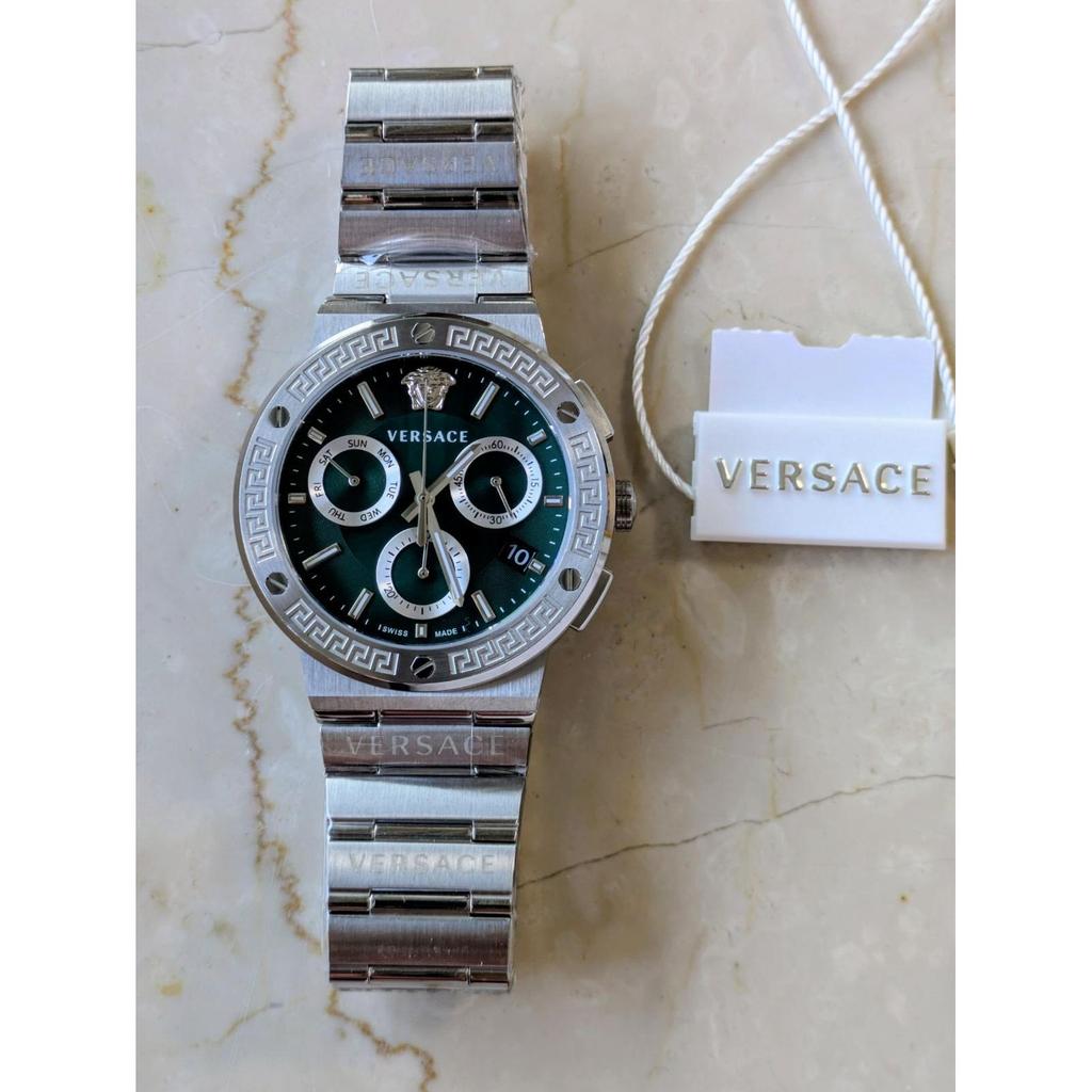 Used VERSACE Versace Greca Logo Chronograph Men's Watch Green Silver VEZ900121 43mm Versace Men's Watch New