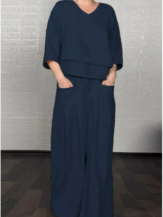 2025 Euro-American Style Solid Color Casual Two-Piece Set: Crew Neck Top & Mid-Waist Pocket Pants