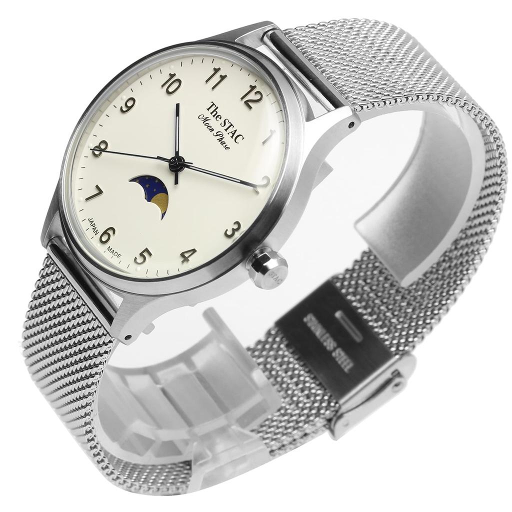 The STAC 36mm Antique Retro Wristwatch for Men and Moon Phase Arabic with White Japanese-made Women, Mesh, ST-MF001