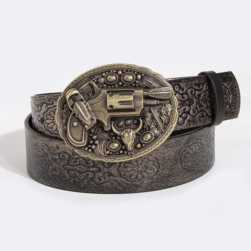 Vintage Turquoise Carved Sheep Head Embroidered Leather Belt For Fashion Enthusiasts