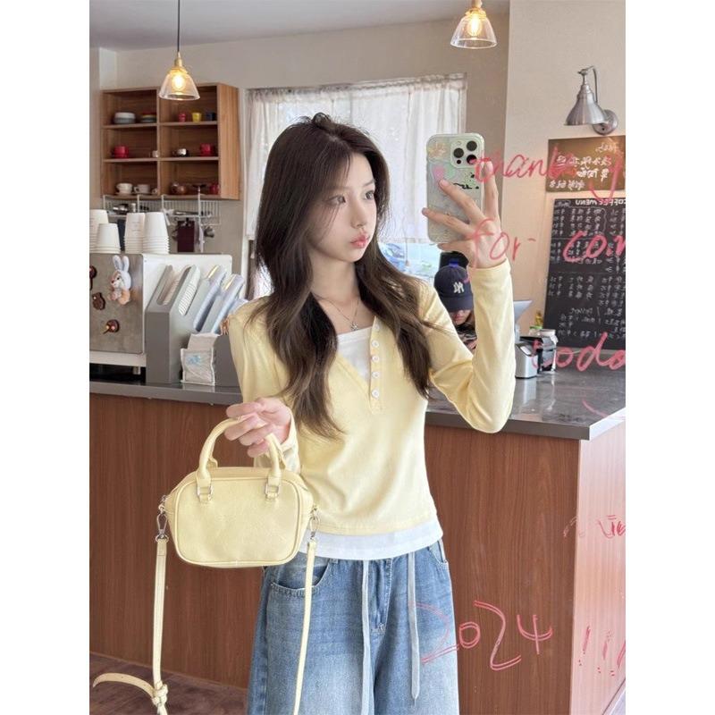 

Женская облегающая футболка с длинным рукавом из хлопка в тон, короткий топ в стиле «ложная двойка» с нижней рубашкой внутри XL жёлтый