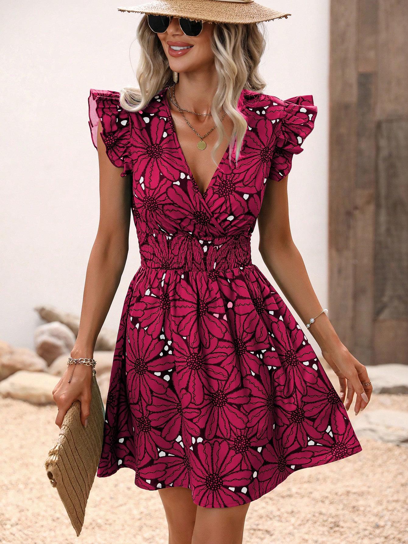 Europäisches & Amerikanisches Sommer V-Ausschnitt Blumen Ärmelloses Kleid mit Geraffter Taille L rose rot