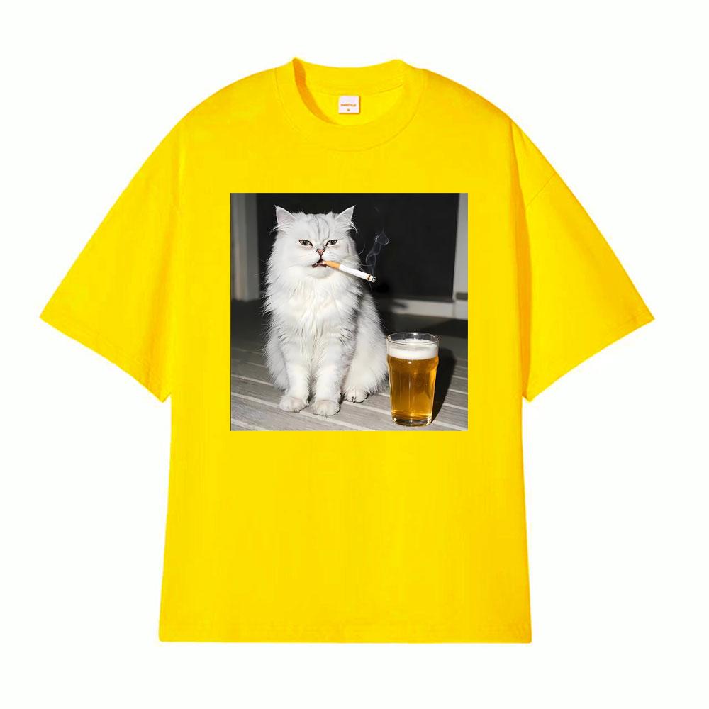 Funny Persian Cat Smoking and Drinking Beer Vintage Tshirts Mens Women Casual Cotton T Shirt Fashion Cool Short Sleeve Tshirt