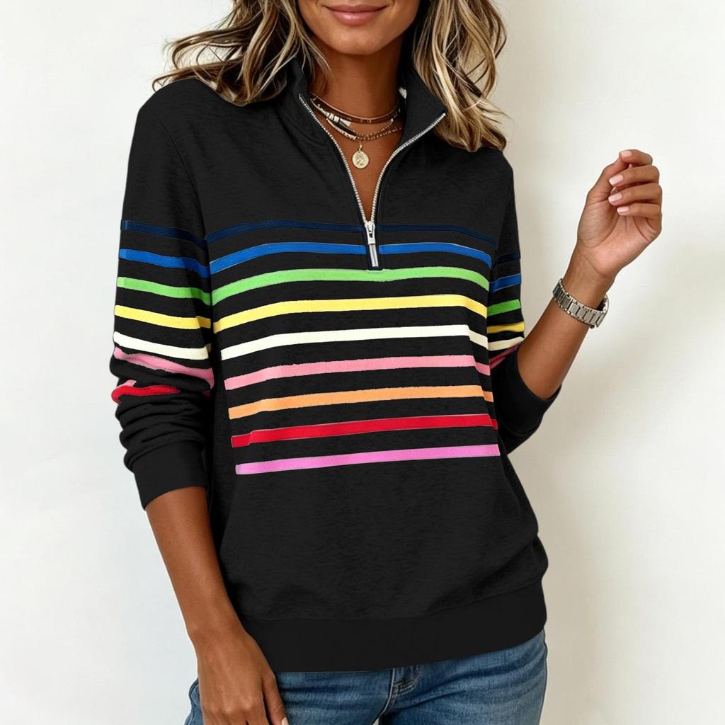 Damen Gestreiftes Reißverschluss-Vorderteil Reverskragen Langarm Sweatshirt Lässiger Pullover
