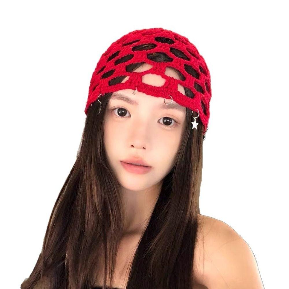 Breathable Knit Knitted Beanie Cap Hollow Design Bohemian Head Wrap  Casual Wear