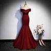 Burgundy Fishtail Evening Dress Female Beauty Voice Solo Vocal Art Test Toasting Annual Meeting Host One-word Shoulder Light Wedding Dress
