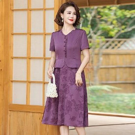 Mom's Elegant Chinese-Style Plus Size Dress: Slimming, Tummy-Concealing Summer Short Sleeve for Middle-Aged and Elderly Women