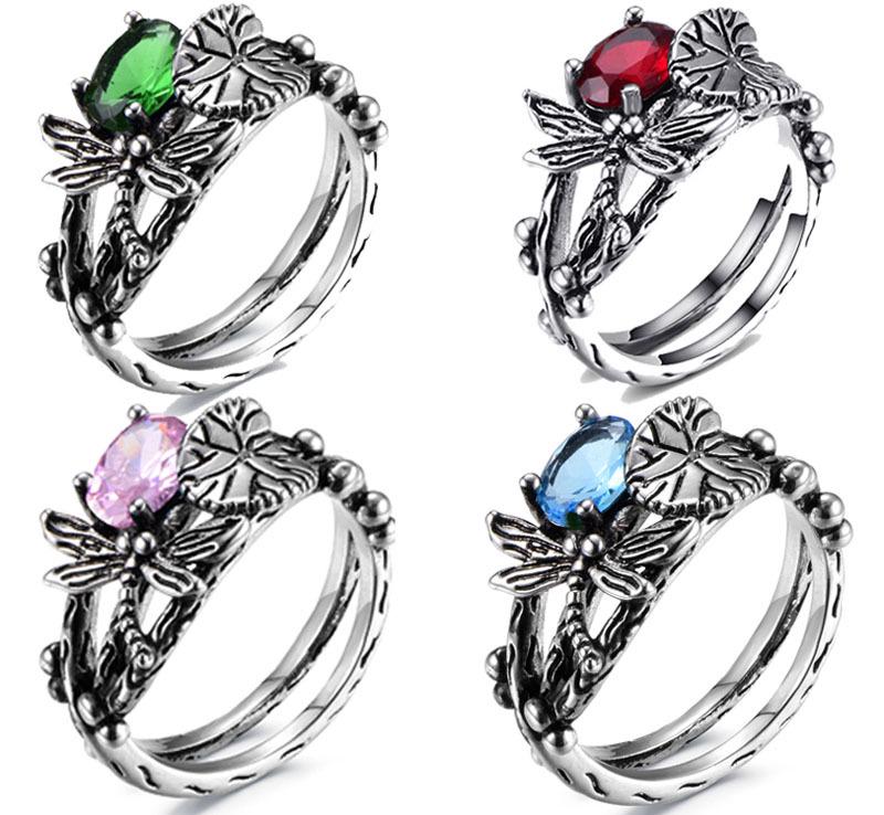 Popular Vintage Dragonfly Lotus Ring with Topaz In Thai Silver
