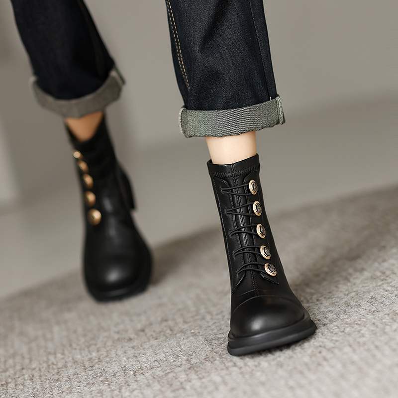 Krazing Pot Podzimní zimní boty z hovězí kůže s kulatou špičkou Kovové zapínání Silný střední podpatek Zip Chelsea Boots Dámské kotníkové boty