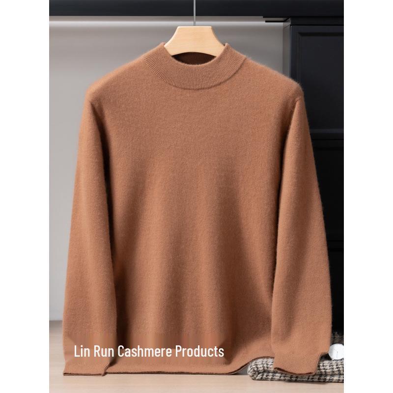 Men's 12-Gauge Double-Layer Cashmere Mock Neck Sweater, Long-Sleeved, Versatile Business Casual, Warm Knitted Base Layer
