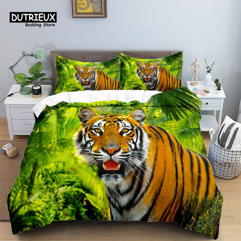 Tiger Duvet Cover Set Queen Size African Animal Bedding Set Tropical Wild Animal Leopard Comforter Cover For Kids Adults Decor