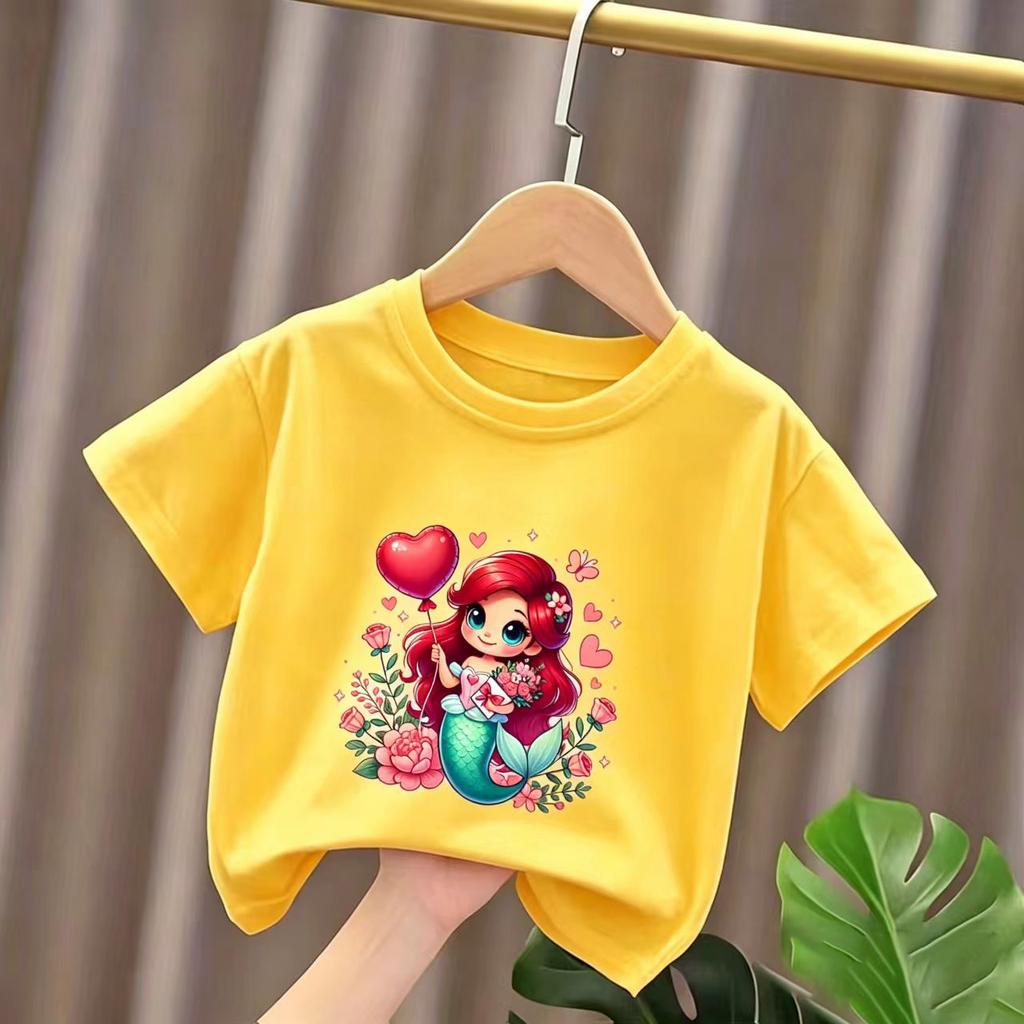 Summer Girls ShortSleeved Cartoon Mermaid Print Pure Cotton Breathable Girls Casual TShirt 2026 New Style Summer Clothing