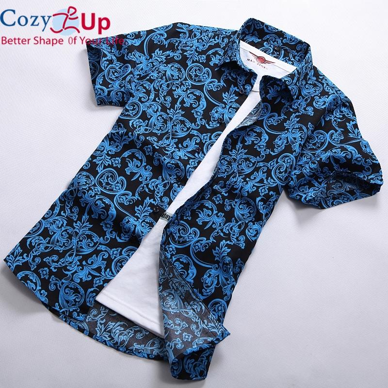 Cozy Up Men Floral Printed Slim Short Sleeve Shirts Summer Hawaiian Vacation Party Casual Red Blue Black Shirt Camisa Masculina